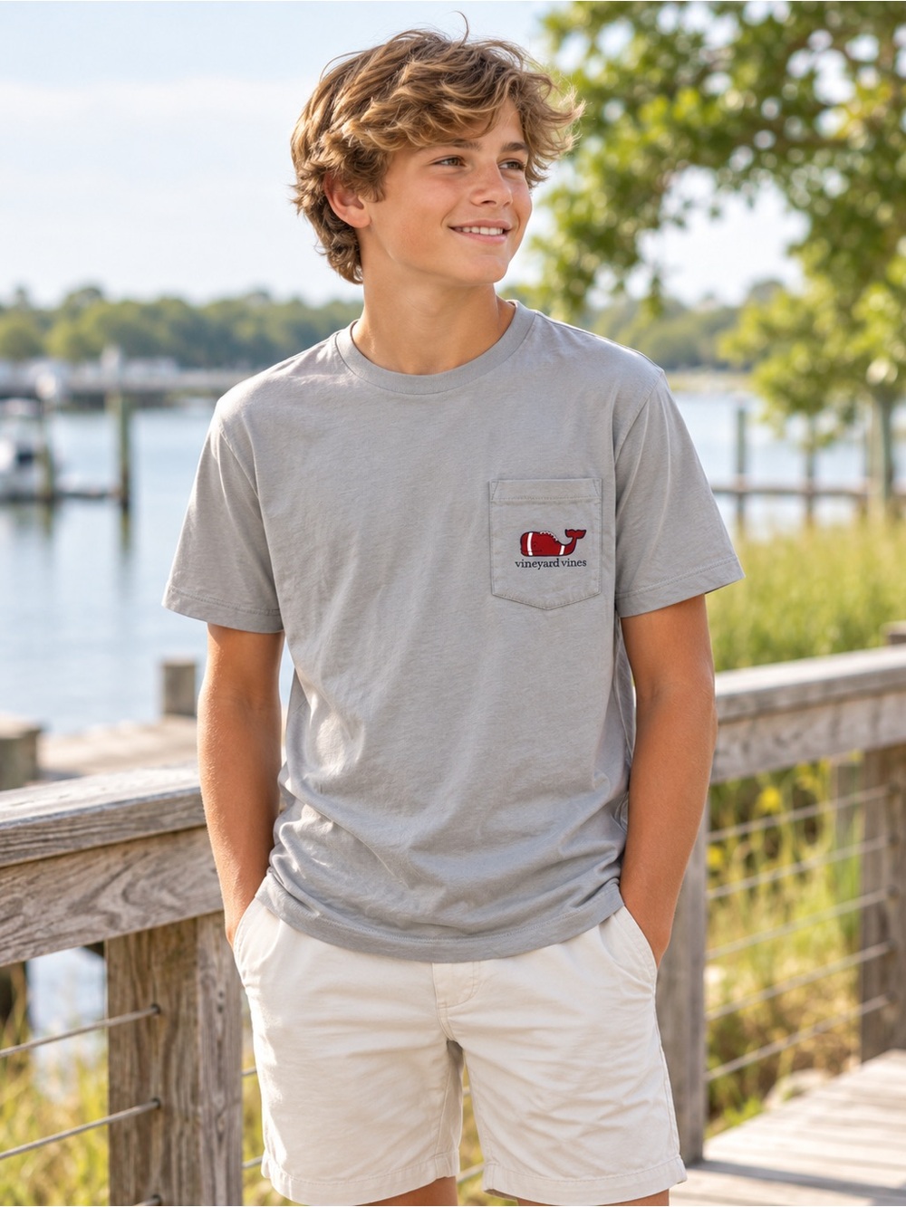 Vineyard Vines Boys L 16 Gray Football Whale Pocket T-Shirt Tee